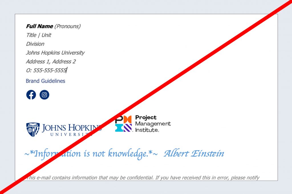 Email signature including a quote from Albert Einstein and a logo from a project management certificate