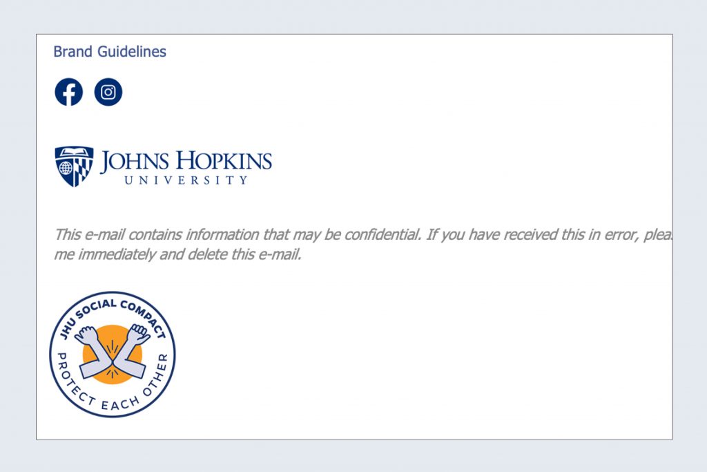 Email signature showing the JHU Social Compact approved graphic