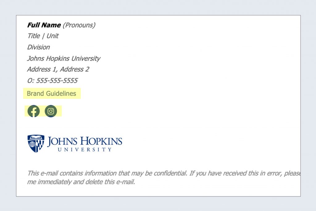 Email signature highlighting the custom link field and social media icons